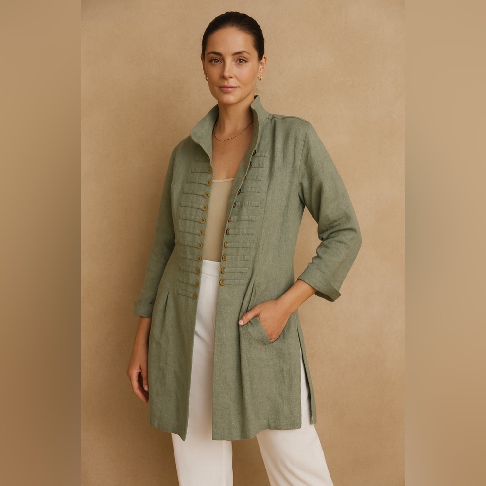 Soft Surroundings Green Ramie Long Tunic Coat Boho Chic Military Jacket Size M